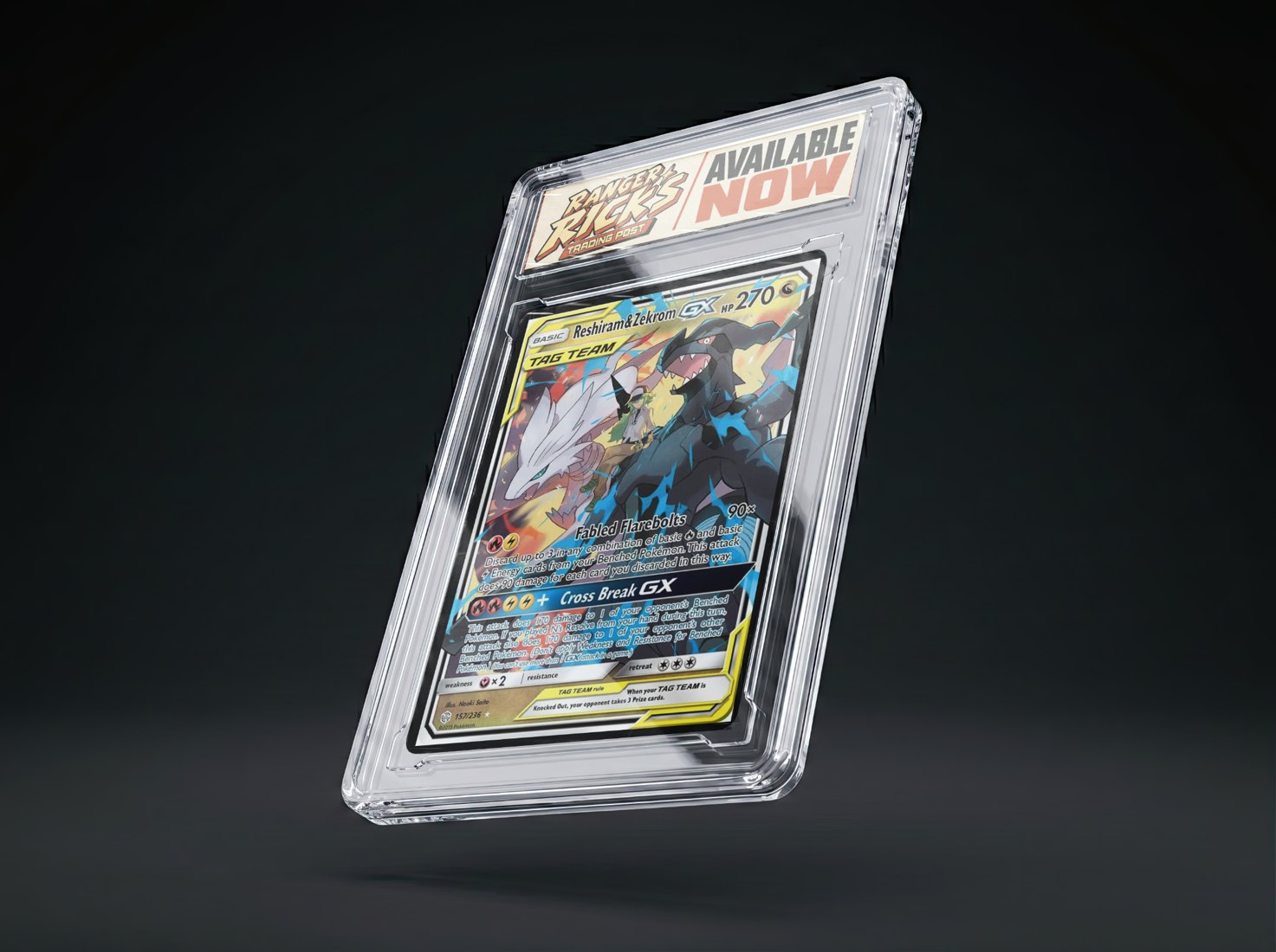 Reshiram and Zekrom GX card in a Ranger Rick’s display case